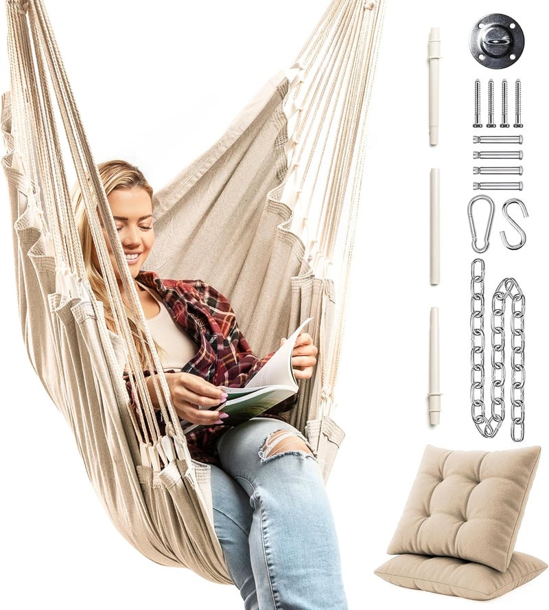 EXTIRIO Hanging Hammock Chair Swing – Hanging Chair Outdoor & Indoor - Hammock Swing Chair – Quick & Easy Setup with Hardware Kit – Durable & Spacious Full Body Support with 2 Plush Cushions – Holds 440 Lbs - Image 1
